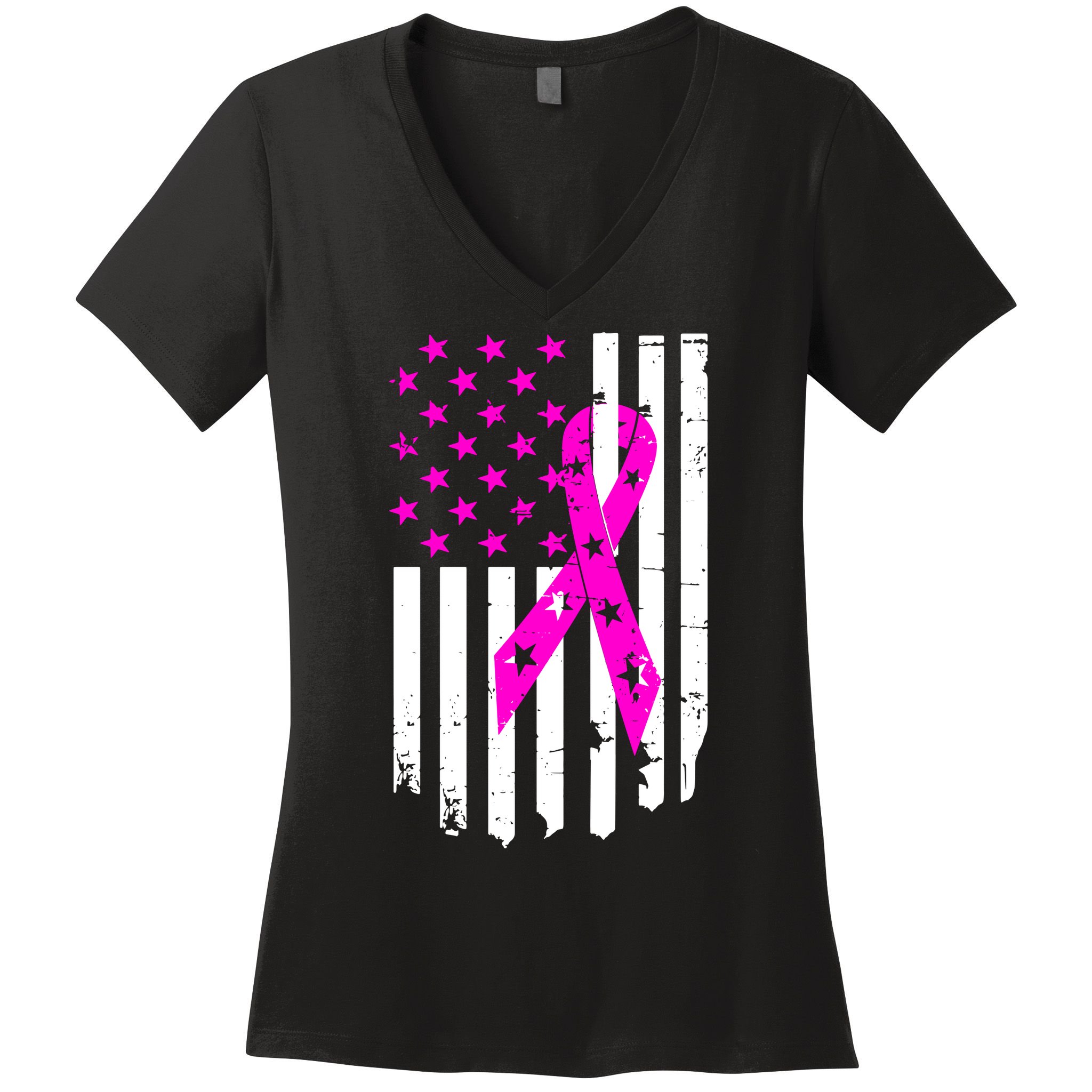 Distressed Breast Cancer Awareness Flag Women's V-Neck T-Shirt