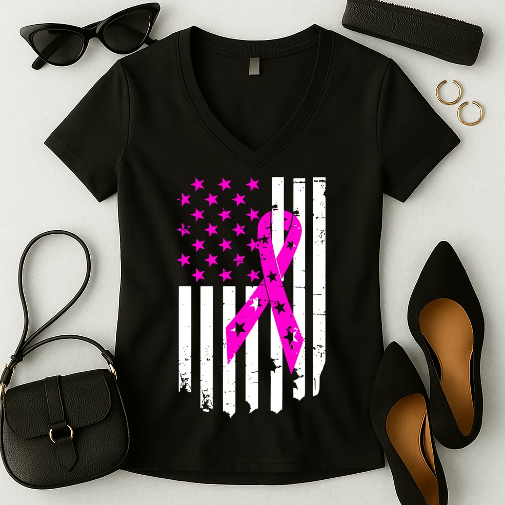 Distressed Breast Cancer Awareness Flag Women's V-Neck T-Shirt