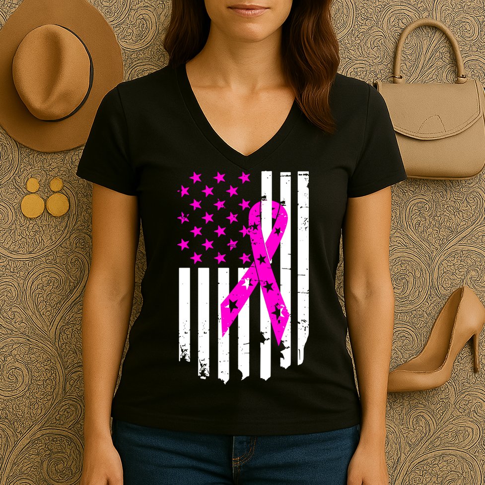 Distressed Breast Cancer Awareness Flag Women's V-Neck T-Shirt