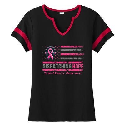 Dispatcher Breast Cancer Awareness Ribbon American Flag Ladies Halftime Notch Neck Tee