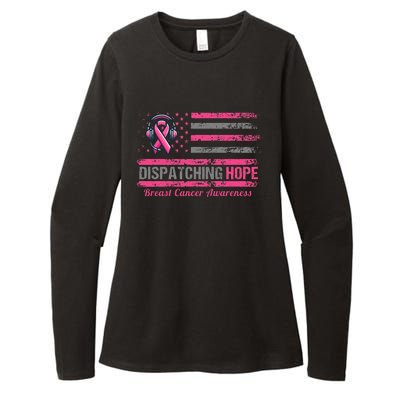 Dispatcher Breast Cancer Awareness Ribbon American Flag Womens CVC Long Sleeve Shirt