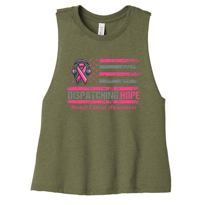 Dispatcher Breast Cancer Awareness Ribbon American Flag Women's Racerback Cropped Tank