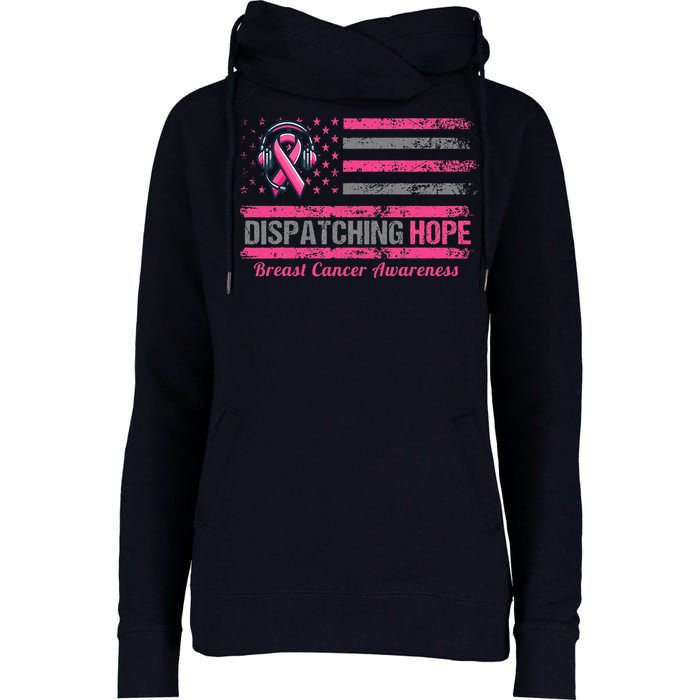 Dispatcher Breast Cancer Awareness Ribbon American Flag Womens Funnel Neck Pullover Hood