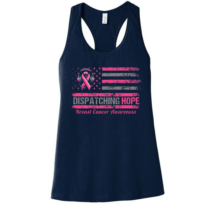 Dispatcher Breast Cancer Awareness Ribbon American Flag Women's Racerback Tank