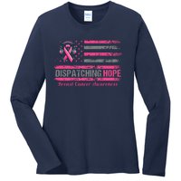 Dispatcher Breast Cancer Awareness Ribbon American Flag Ladies Long Sleeve Shirt