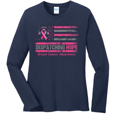 Dispatcher Breast Cancer Awareness Ribbon American Flag Ladies Long Sleeve Shirt