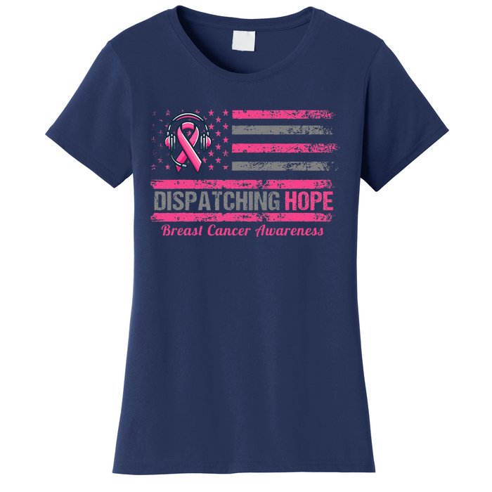 Dispatcher Breast Cancer Awareness Ribbon American Flag Women's T-Shirt