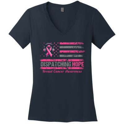 Dispatcher Breast Cancer Awareness Ribbon American Flag Women's V-Neck T-Shirt