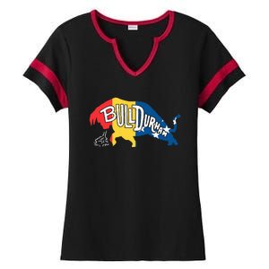 Durham Bull City North Carolina A Bull With Durham Flag Ladies Halftime Notch Neck Tee