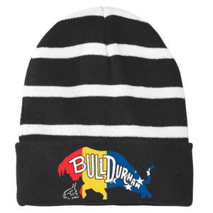 Durham Bull City North Carolina A Bull With Durham Flag Striped Beanie with Solid Band