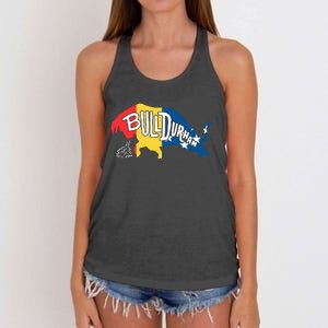 Durham Bull City North Carolina A Bull With Durham Flag Women's Knotted Racerback Tank