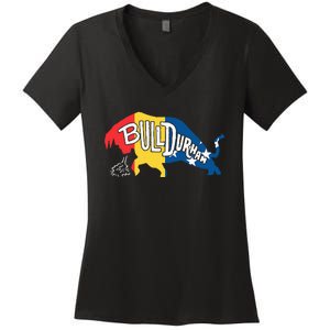 Durham Bull City North Carolina A Bull With Durham Flag Women's V-Neck T-Shirt