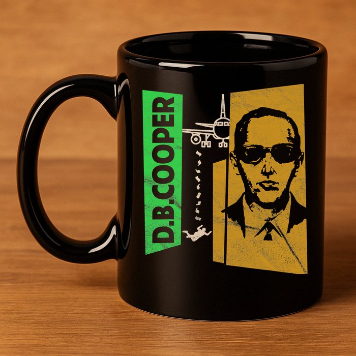 D B Cooper Skyjacker Hijack Retro 60s Style Graphic 11oz C Handle Ceramic Mug