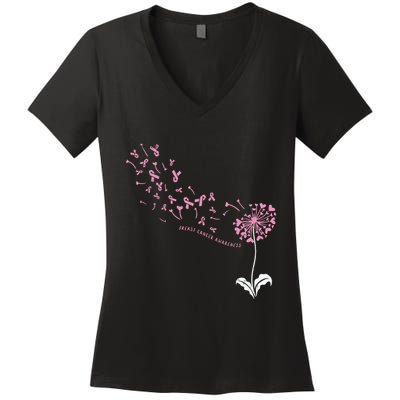 Dandelion Breast Cancer Awareness Pink Ribbon Support Gift Women's V-Neck T-Shirt