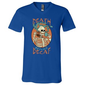 Death Before Decaf Skeleton Coffee Addict Gift V-Neck T-Shirt