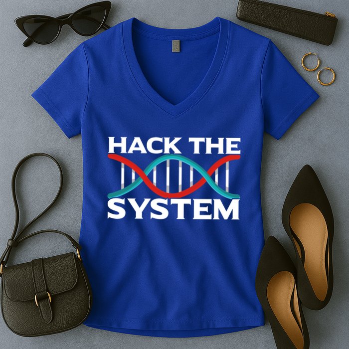 Diy Biology Dna Double Helix Hack The System Biohacker Gift Women's V-Neck T-Shirt
