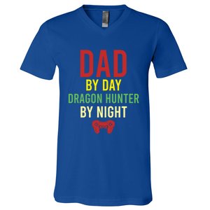 Dad By Day Dragon Hunter By Night Hobby Daddy Gamer Gift V-Neck T-Shirt