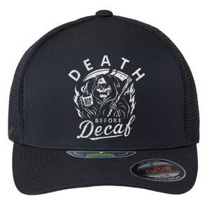 Death Before Decaf Coffee Skeleton Skull Java Addict Flexfit Unipanel Trucker Cap