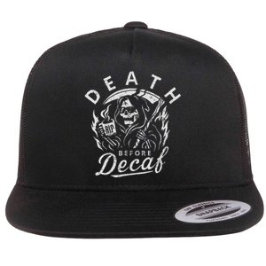 Death Before Decaf Coffee Skeleton Skull Java Addict Flat Bill Trucker Hat