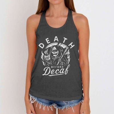 Death Before Decaf Coffee Skeleton Skull Java Addict Women's Knotted Racerback Tank
