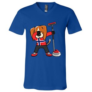 Dabbing Beagle Dog Norway Curling Lovers Jersey Winter Sport Gift V-Neck T-Shirt