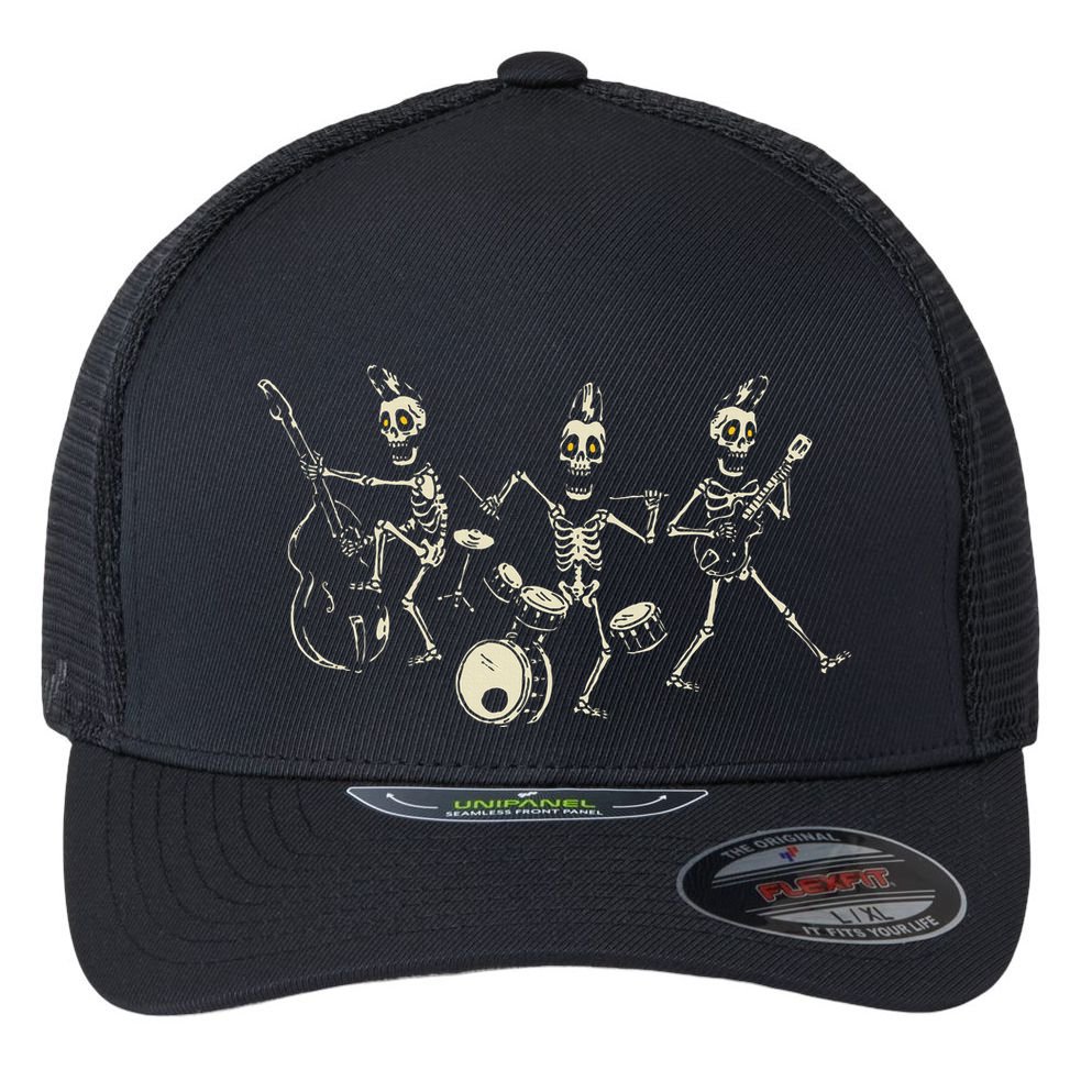 Dem Bones Dancing Singing Skeleton Rock Band Flexfit Unipanel Trucker Cap