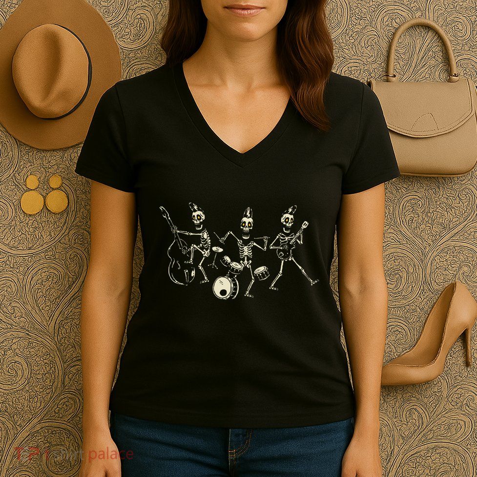 Dem Bones Dancing Singing Skeleton Rock Band Women's V-Neck T-Shirt