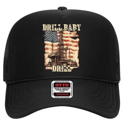 Drill Baby Drill American Flag Design High Crown Mesh Back Trucker Hat