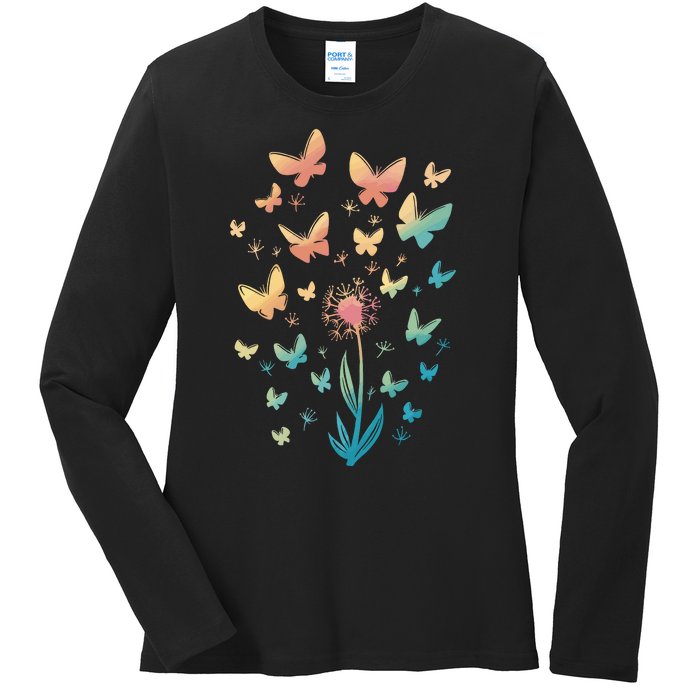 Dandelion Butterfly Ladies Long Sleeve Shirt