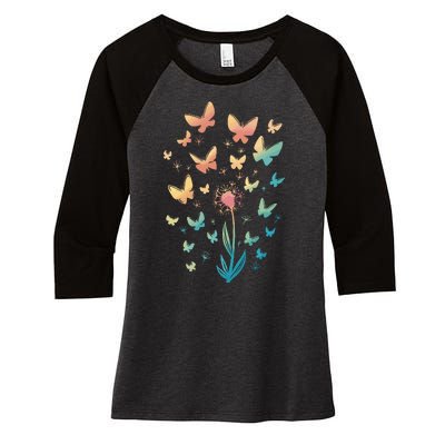 Dandelion Butterfly Women's Tri-Blend 3/4-Sleeve Raglan Shirt