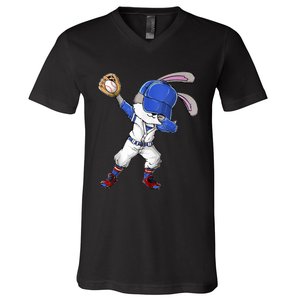 Dabbing Bunny Easter Day Baseball Catcher Happy Easter Cute Gift V-Neck T-Shirt