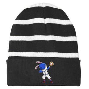 Dabbing Bunny Easter Day Baseball Catcher Happy Easter Striped Beanie with Solid Band