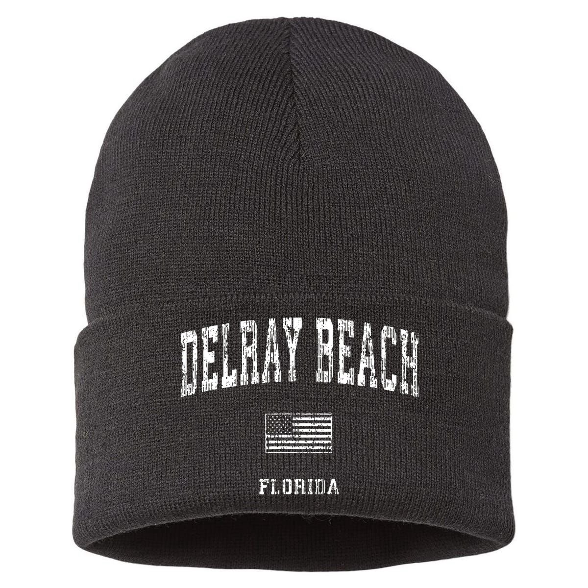 Delray Beach Florida Fl Vintage American Flag Sustainable Knit Beanie
