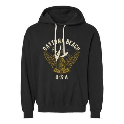 Daytona Beach Fl Legs In Heels Hotrod Biker Wings Garment-Dyed Fleece Hoodie