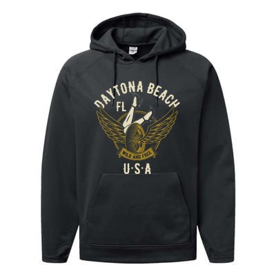 Daytona Beach Fl Legs In Heels Hotrod Biker Wings Performance Fleece Hoodie