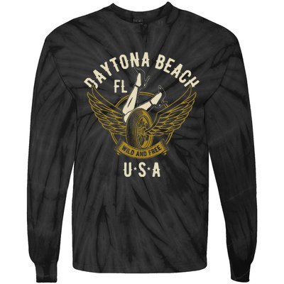 Daytona Beach Fl Legs In Heels Hotrod Biker Wings Tie-Dye Long Sleeve Shirt