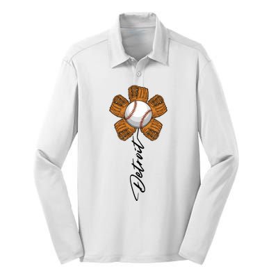 Detroit Baseball Flower Sports Fan Silk Touch Performance Long Sleeve Polo