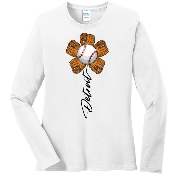 Detroit Baseball Flower Sports Fan Ladies Long Sleeve Shirt