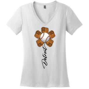 Detroit Baseball Flower Sports Fan Women's V-Neck T-Shirt