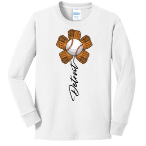 Detroit Baseball Flower Sports Fan Kids Long Sleeve Shirt