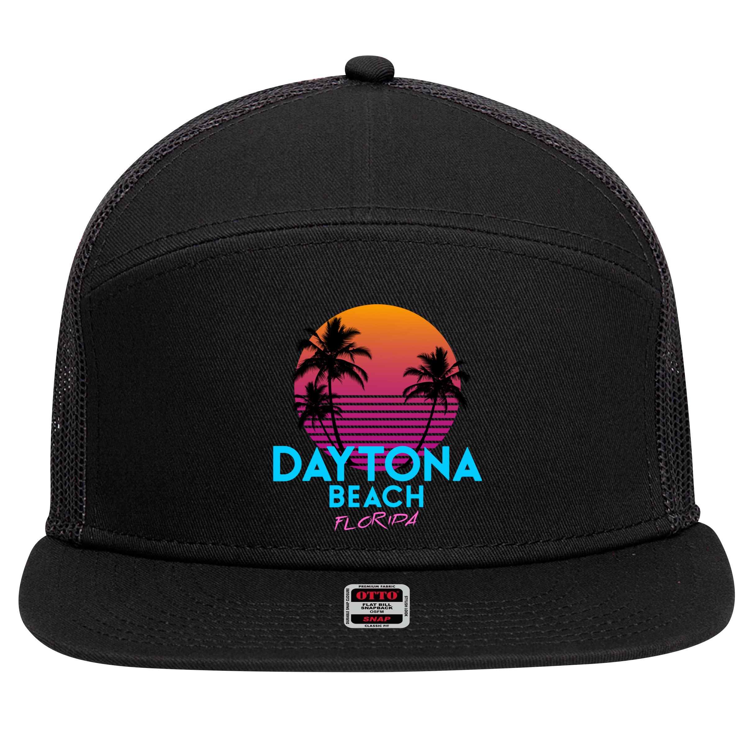 Daytona Beach Florida Retro 80s Gift 7 Panel Mesh Trucker Snapback Hat