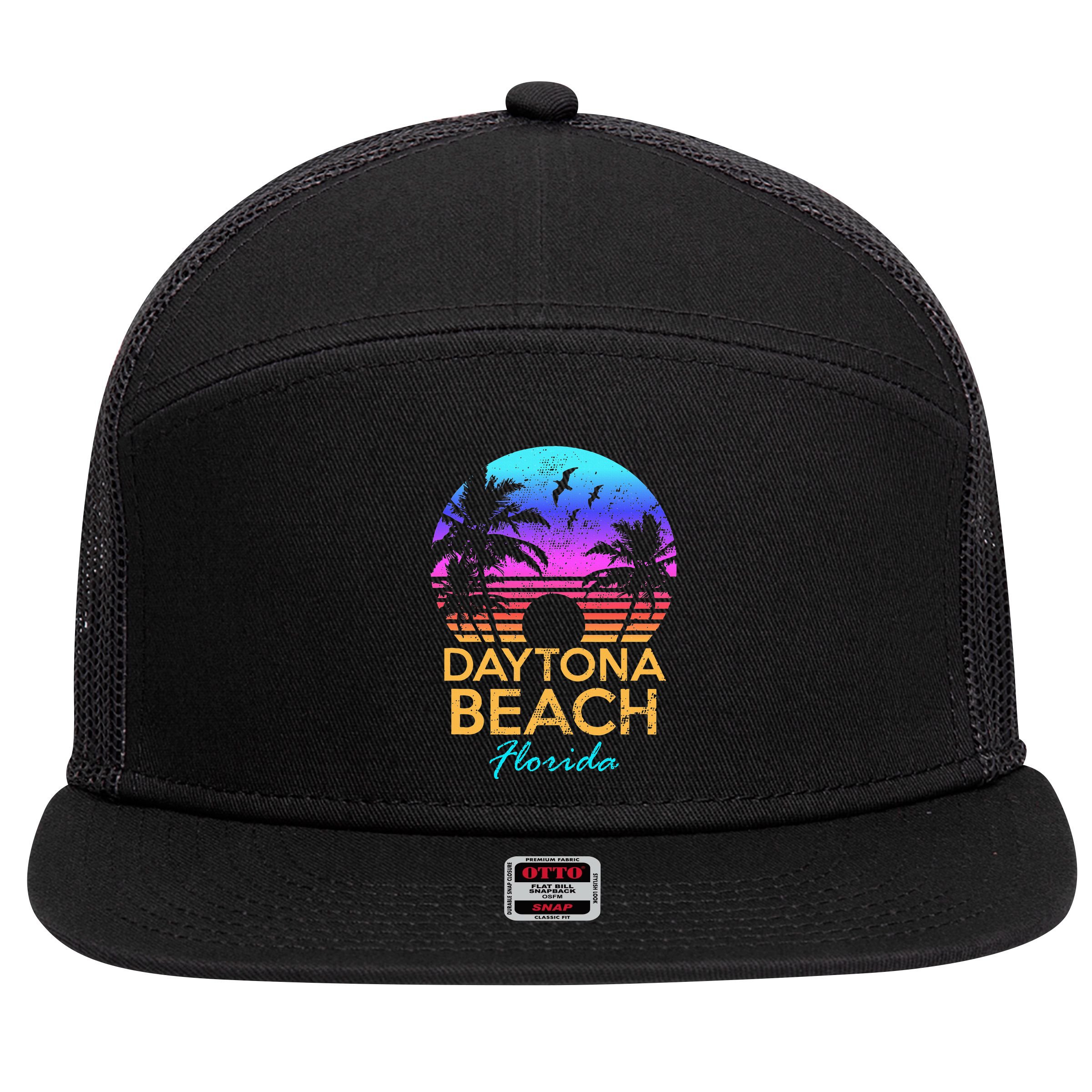 Daytona Beach Florida Vintage Sunset Summer Vibe Graphic 7 Panel Mesh Trucker Snapback Hat