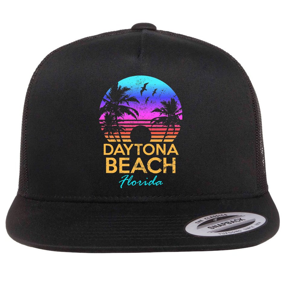 Daytona Beach Florida Vintage Sunset Summer Vibe Graphic Flat Bill Trucker Hat