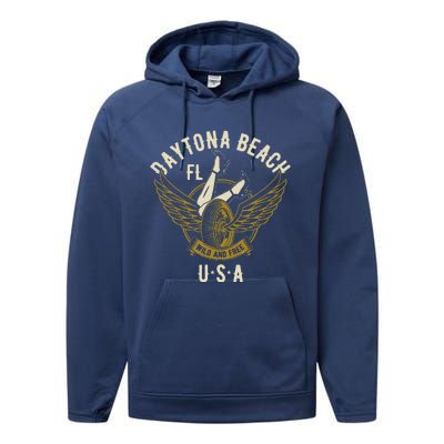 Daytona Beach Fl Legs In Heels Hotrod Biker Wings Performance Fleece Hoodie