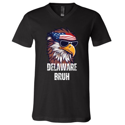 Delaware Bruh Funny Usa Bald Eagle American Flag V-Neck T-Shirt