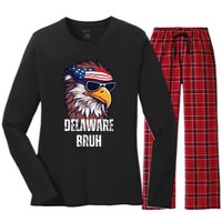 Delaware Bruh Funny Usa Bald Eagle American Flag Women's Long Sleeve Flannel Pajama Set 