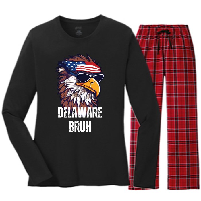 Delaware Bruh Funny Usa Bald Eagle American Flag Women's Long Sleeve Flannel Pajama Set 