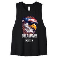 Delaware Bruh Funny Usa Bald Eagle American Flag Women's Racerback Cropped Tank