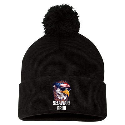 Delaware Bruh Funny Usa Bald Eagle American Flag Pom Pom 12in Knit Beanie