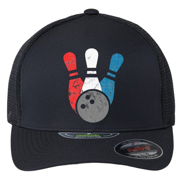 Distressed Bowling For Men Bowling Pins And Ball Flexfit Unipanel Trucker Cap